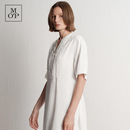Marc O'Polo夏季新款好看气质白色V领蕾丝拼接亚麻短袖连衣裙女 商品图4