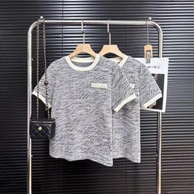 F0316108夏季新款法式小香风肌理感浮雕钉珠拼色圆领短袖T恤