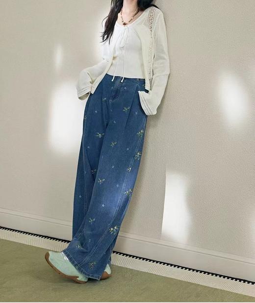 F031690蓝色刺绣碎花水洗牛仔裤子女2026春新款垂感拖地阔腿长裤 商品图8