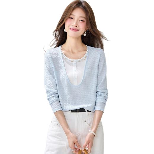 「自」全新升级【铂金会员174/天猫229/差价55】(14940)洛诗琳减龄钉珠薄款假两件上衣2026春季新款气质正肩长袖T恤 商品图4