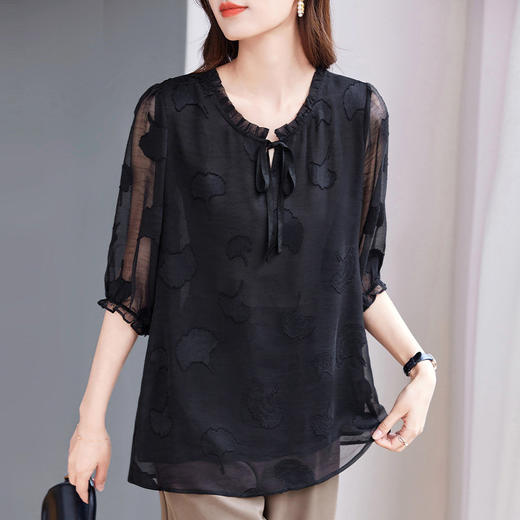 大码七分袖雪纺衫夏2026新款高端女装黑色上衣宽松洋气中袖小衫女 商品图3