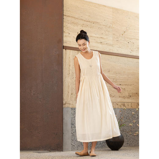 牧衣游原创 100支纯棉净色打条连衣裙女新款气质无袖长裙 花满市 商品图3