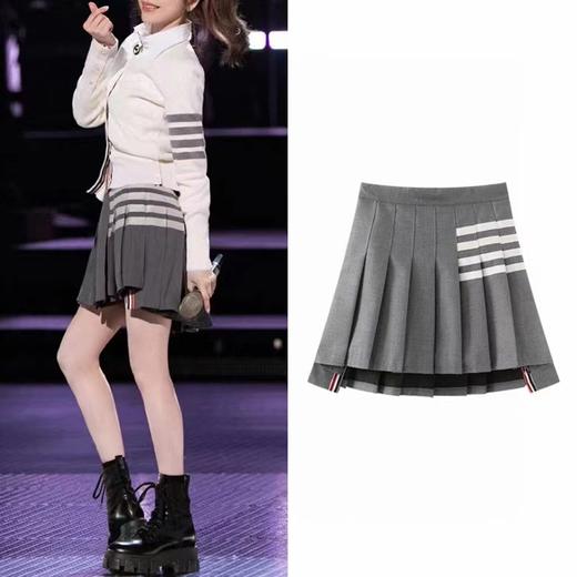 F0316118四季可穿新款前短后长不对称白杠灰色百褶短裙 商品图11