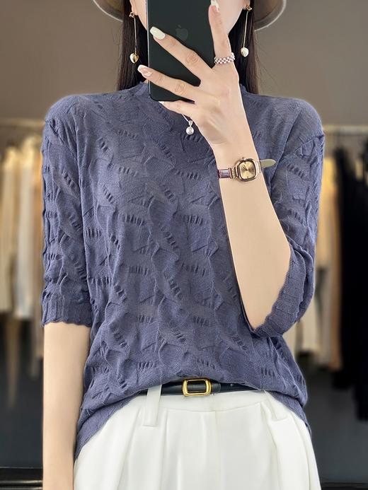 千鸟格褶皱~新款极简肌理感中袖修身气质上衣夏季 商品图4