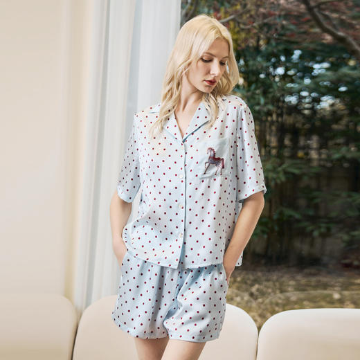 Solo seta22姆米女士真丝短袖短裤睡衣套装桑蚕丝波点马年家居服 商品图2