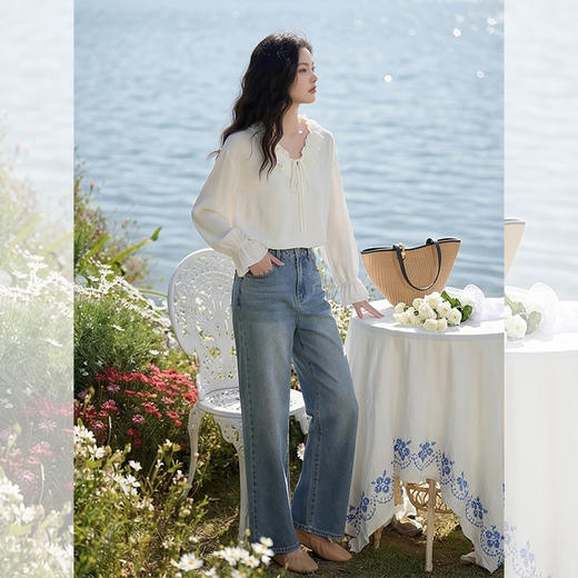 【限时秒杀】西遇木耳边V领系带衬衫女2026年春季新款温柔风喇叭袖雪纺上衣10360069 商品图1