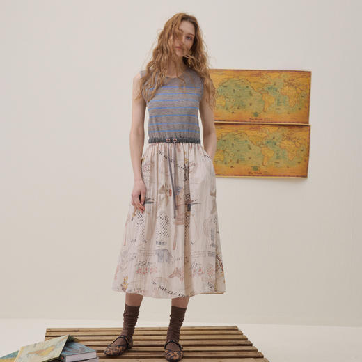 谜底艺术印花连衣裙无袖2026夏新品条纹拼接腰部抽绳女262ML0616 商品图0