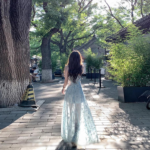 西遇度假风吊带连衣裙女2026年夏季新款印花收腰薄纱长裙仙女裙SS060221 商品图4