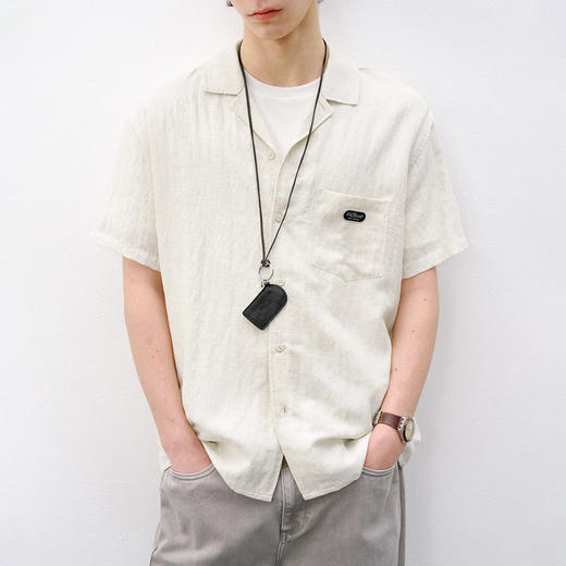 714street莱赛尔亚麻海鸥领短袖衬衫男2026夏季休闲复古老钱衬衣 商品图1