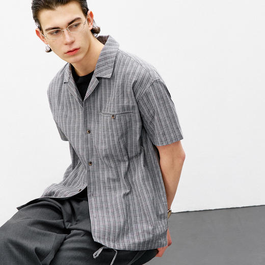 714street复古亚麻格子衬衫男2026夏季潮牌宽松落肩棉麻短袖衬衣 商品图2