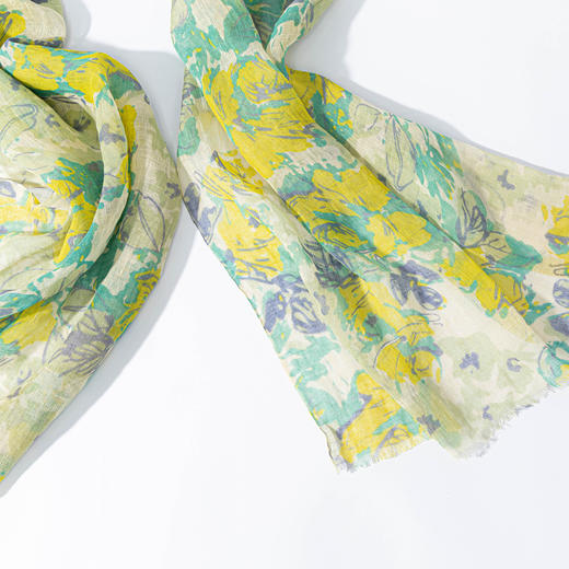 绽放/LSX026朵春花*纯亚麻春夏绿底印花搭配感围巾春日小清新女 商品图3