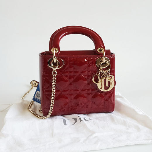 【95新】Dior迪奥LADY DIOR手袋迷你红色漆皮三格戴妃链条包手提单肩包女士130326HS10 商品图1