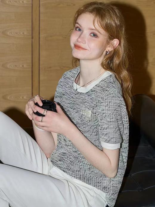 F0316108夏季新款法式小香风肌理感浮雕钉珠拼色圆领短袖T恤 商品图9