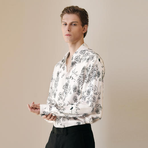 Solo seta男士真丝黑白印花衬衫桑蚕丝斜纹绸可外穿睡衣上装春夏 商品图2