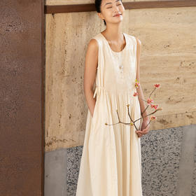 牧衣游原创 100支纯棉净色打条连衣裙女新款气质无袖长裙 花满市