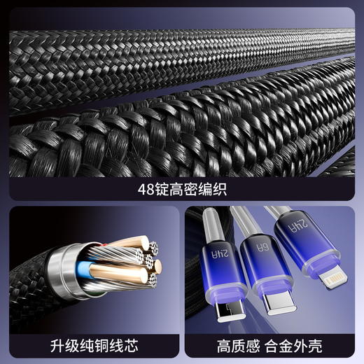 「高颜值！三合一」120W冰晶编织快充线一拖三数据线适用于苹果华为数码配件. 商品图1