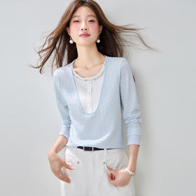 「自」全新升级【铂金会员174/天猫229/差价55】(14940)洛诗琳减龄钉珠薄款假两件上衣2026春季新款气质正肩长袖T恤