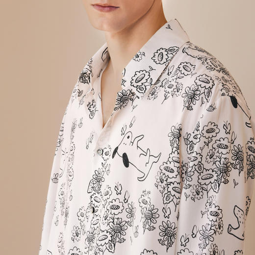 Solo seta男士真丝黑白印花衬衫桑蚕丝斜纹绸可外穿睡衣上装春夏 商品图3