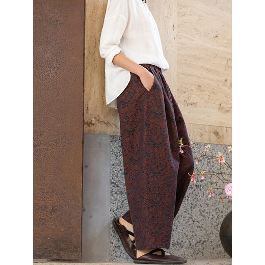 牧衣游原创 60支提花棉休闲长裤新款质朴复古肌理感阔腿裤 墨香 商品图1