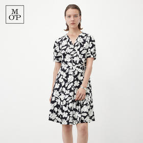Marc O'Polo/MOP夏季新款好看黑白自然植物印花收腰短袖连衣裙女