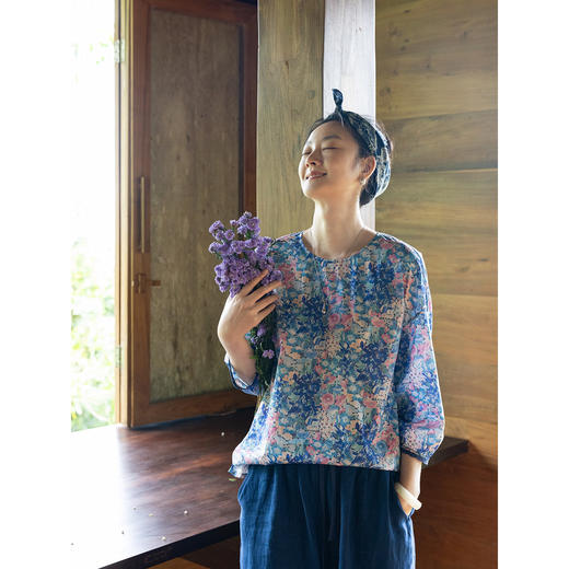 牧衣游原创 80支印花纯棉小衫新款柔软舒适圆领碎花文艺上衣 叹禾 商品图1