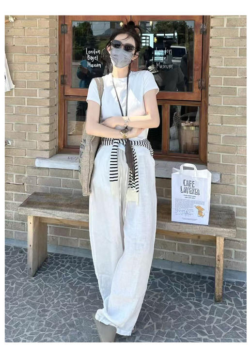 精选优质白色棉麻休闲裤 女夏季新款高腰垂感宽松阔腿慵懒风净色裤 亚麻运动裤 商品图6