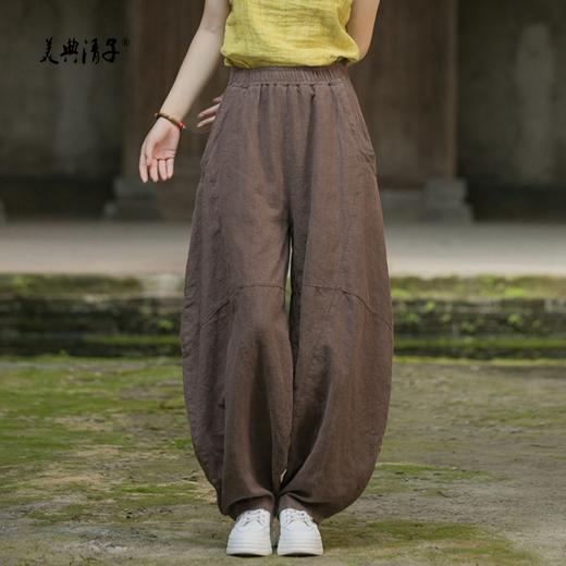 苎麻砂炒做旧垂感宽松高腰松紧腰灯笼裤 商品图4