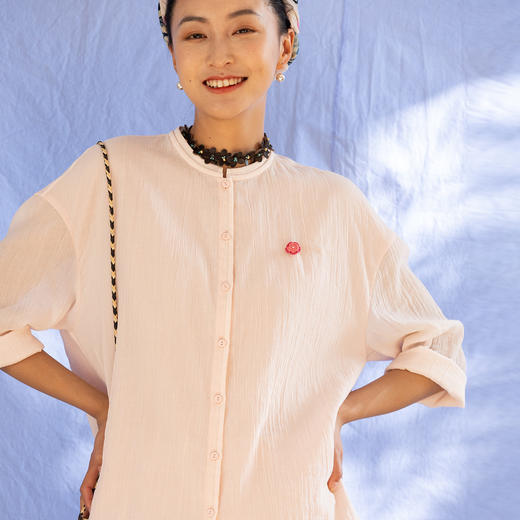 牧衣游原创 棉麻衬衫新款通勤粉色轻薄文艺休闲百搭衬衣开衫 小眠 商品图0