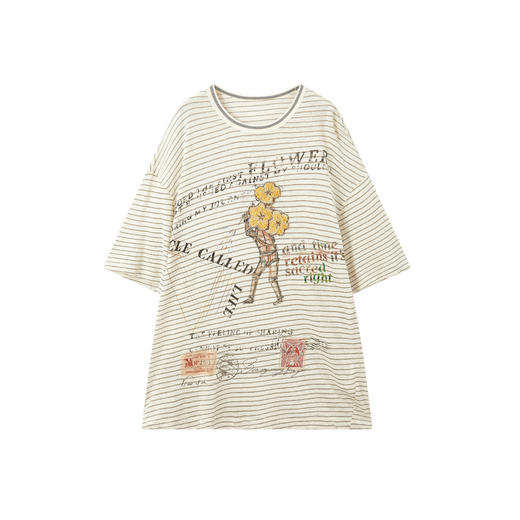 谜底印花T恤短袖2026年夏季新品复古条纹宽松随性休闲女262MT0609 商品图4