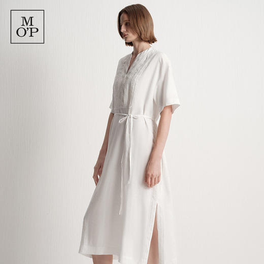 Marc O'Polo夏季新款好看气质白色V领蕾丝拼接亚麻短袖连衣裙女 商品图2