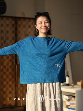 Petit Schan小闪 CLO#1072 Blue on Spring Branches 蓝上春枝 竹节棉蓝染手工刺绣长袖T恤