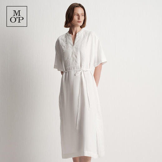 Marc O'Polo夏季新款好看气质白色V领蕾丝拼接亚麻短袖连衣裙女 商品图0