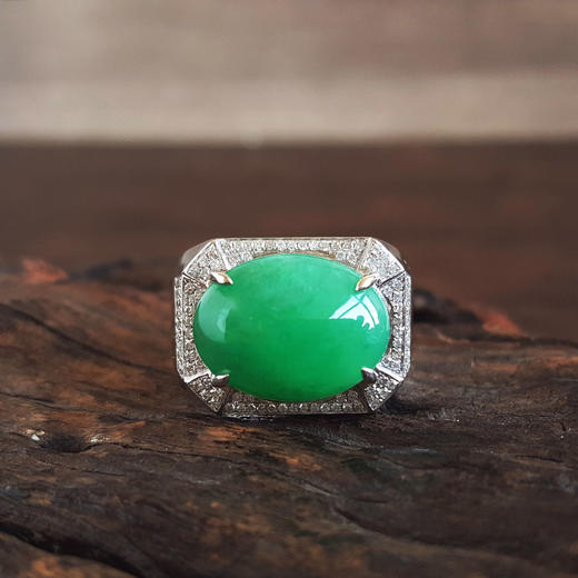 【天然正品】AU750收藏级白金镶钻镶天然细腻满绿糯冰种蛋面翡翠戒指20号（戒圈可改）280226HSD54 商品图4