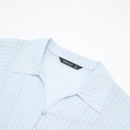 【限时秒杀】西遇浅蓝细条纹翻领衬衫女2026春季新款宽松显瘦V领长袖通勤衬衣10260084 商品图5