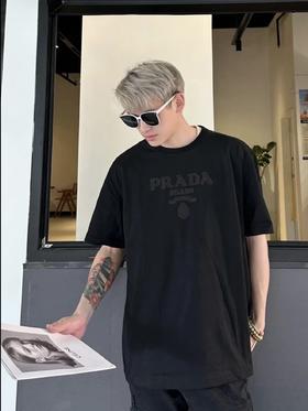 普拉达  25ss毛巾提花logo短袖T恤 黑色 男女同款（DY）