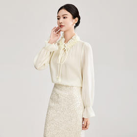 气质细闪天丝钉珠系带花瓣领垂感长袖衬衫WL2602305