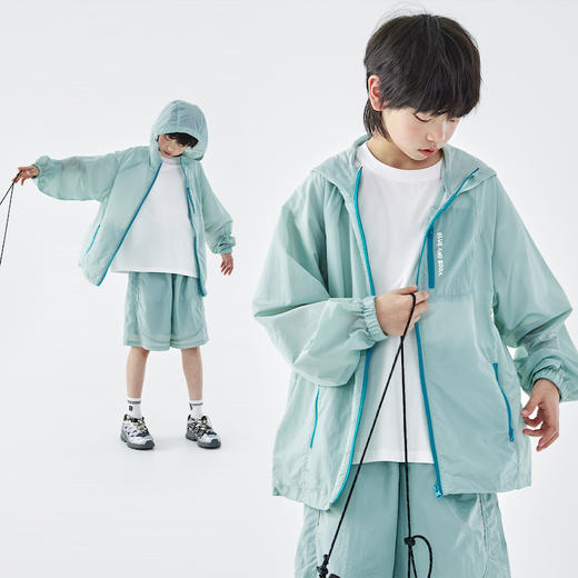 浅薄荷外套预售5.3发 浅薄荷短裤预售5.1发 蓝汽水2026夏季男童户外山系原纱防晒短裤青少年凉感连帽上衣套装 商品图2