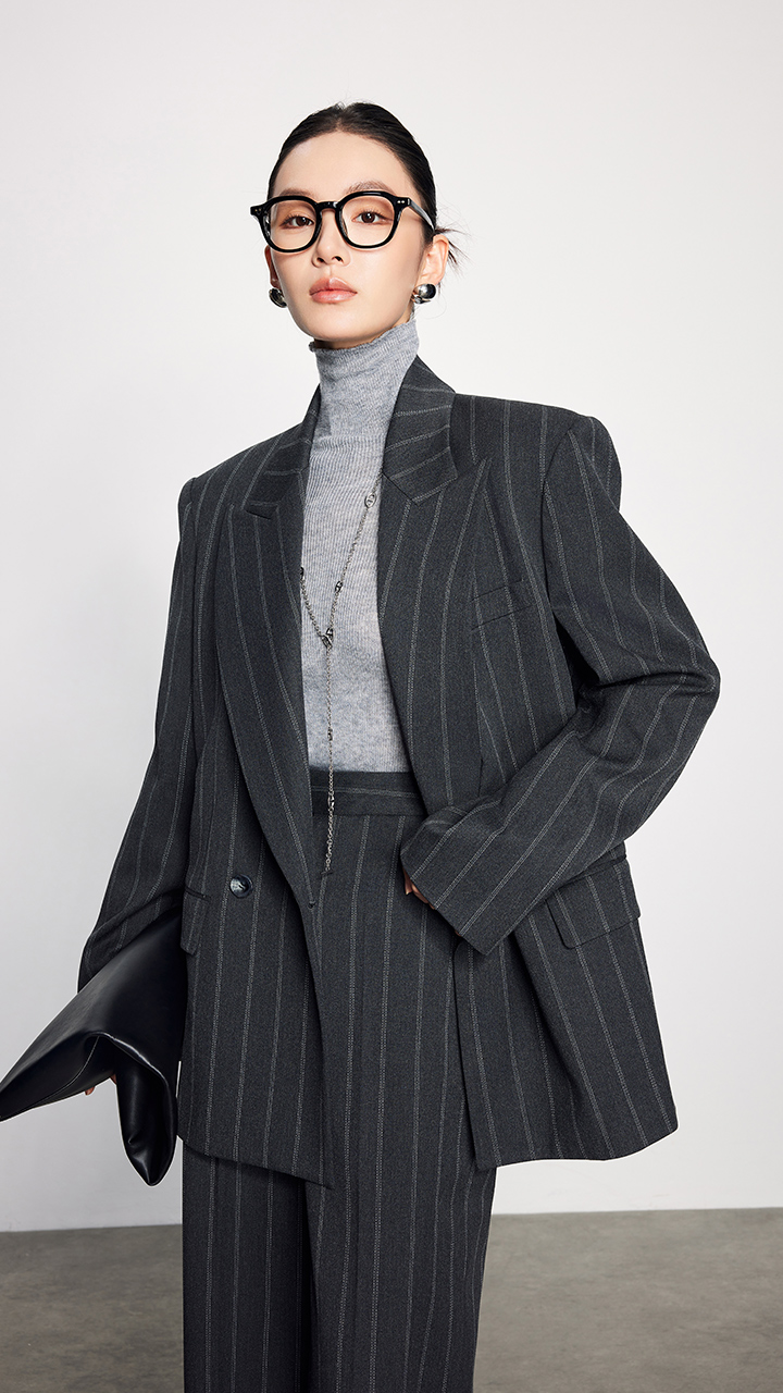 法小曼*子珍条纹气质西装套装高级显瘦休闲风宽松灰色西服