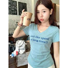 <曾小咸推荐>蓝绿色修身v领短袖t恤女夏