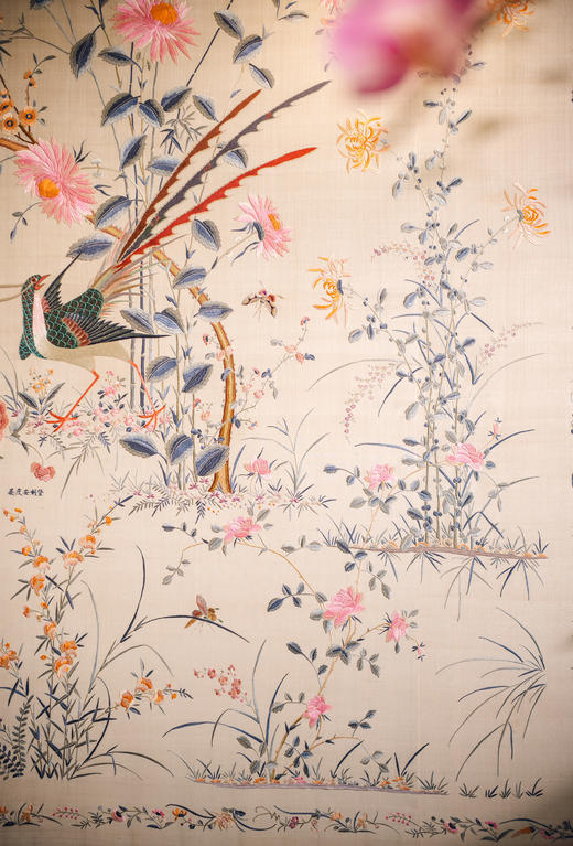 独角鹿西洋古董20世纪初中国出品传统花鸟主题「锦上添花」粤绣丝绸挂屏 商品图5