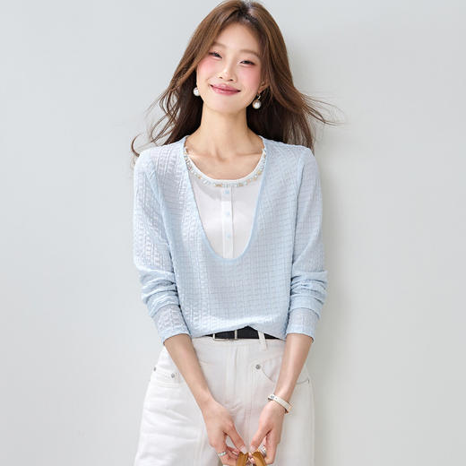 「自」全新升级【铂金会员174/天猫229/差价55】(14940)洛诗琳减龄钉珠薄款假两件上衣2026春季新款气质正肩长袖T恤 商品图1