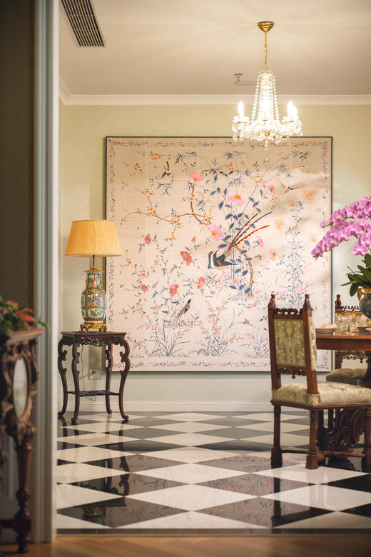 独角鹿西洋古董20世纪初中国出品传统花鸟主题「锦上添花」粤绣丝绸挂屏 商品图0