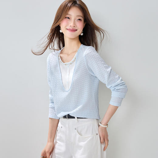 「自」全新升级【铂金会员174/天猫229/差价55】(14940)洛诗琳减龄钉珠薄款假两件上衣2026春季新款气质正肩长袖T恤 商品图2