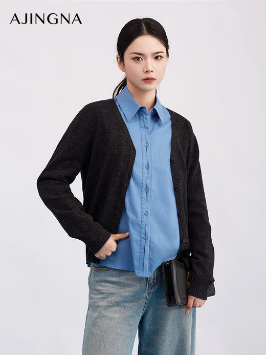 【商场同款】阿菁娜春季新款高级灰蓝纱开衫炭灰底夹蓝纱层次感V领A30D318011 商品图3