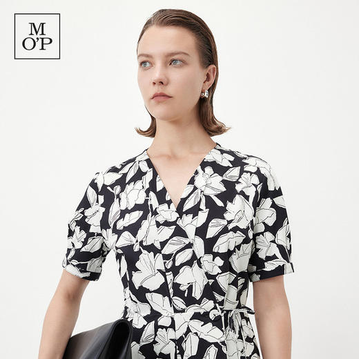 Marc O'Polo/MOP夏季新款好看黑白自然植物印花收腰短袖连衣裙女 商品图4