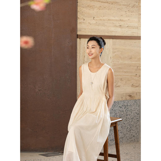 牧衣游原创 100支纯棉净色打条连衣裙女新款气质无袖长裙 花满市 商品图1