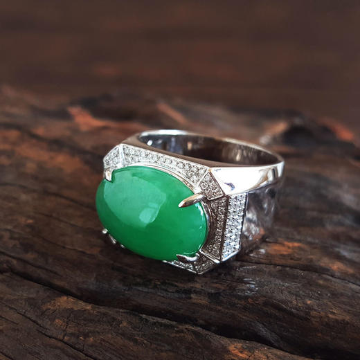 【天然正品】AU750收藏级白金镶钻镶天然细腻满绿糯冰种蛋面翡翠戒指20号（戒圈可改）280226HSD54 商品图2