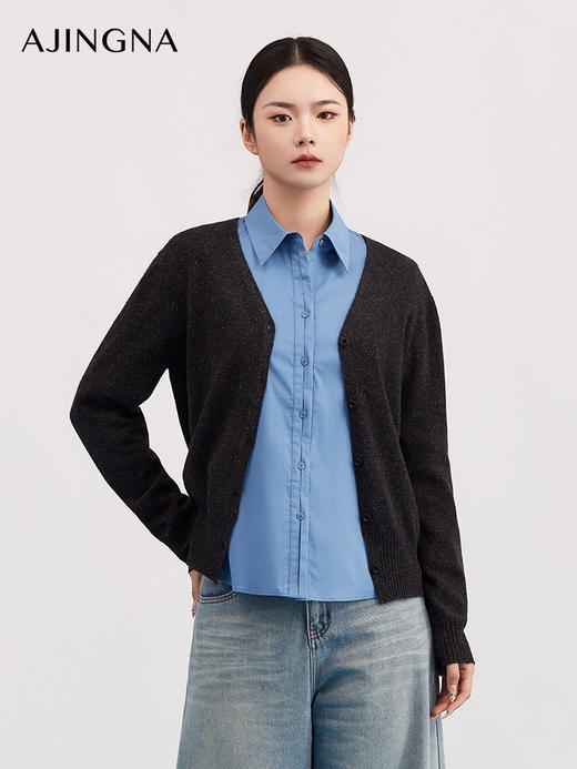 【商场同款】阿菁娜春季新款高级灰蓝纱开衫炭灰底夹蓝纱层次感V领A30D318011 商品图2