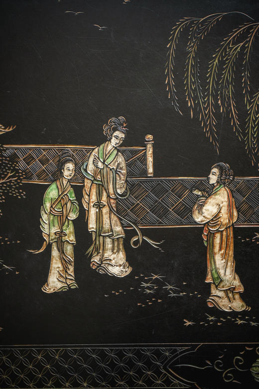 【已售】独角鹿西洋古董20世纪初中国出品黑漆描金款彩人物园林主题长方矮桌几 商品图7