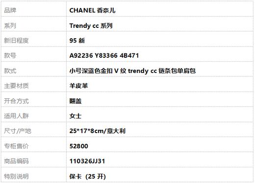 【95新】CHANEL香奈儿Trendy cc系列A92236 Y83366 4B471小号深蓝色金扣V纹trendy cc链条包单肩包女士110326JJ31 商品图12